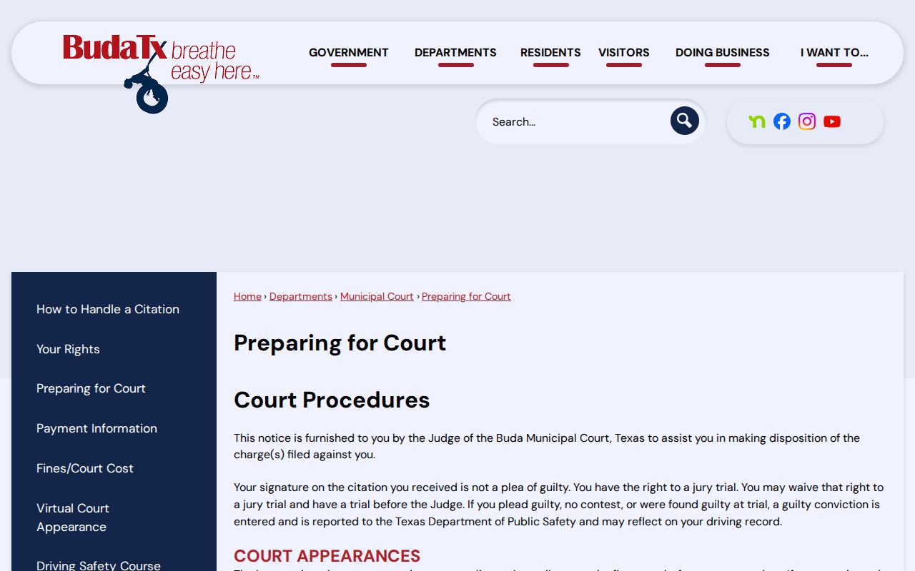 Buda Municipal Court appearance methods and plea information