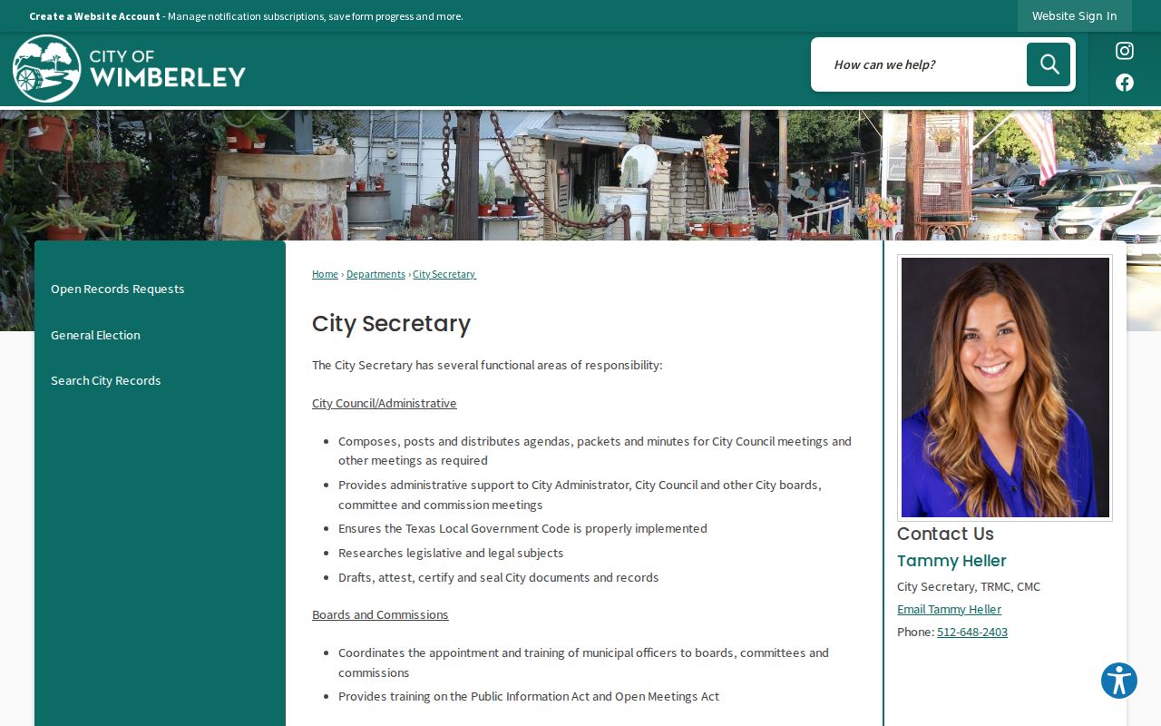 Wimberley City Secretary public records and information request page