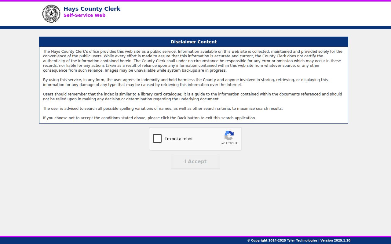 Hays County Clerk self-service records index disclaimer