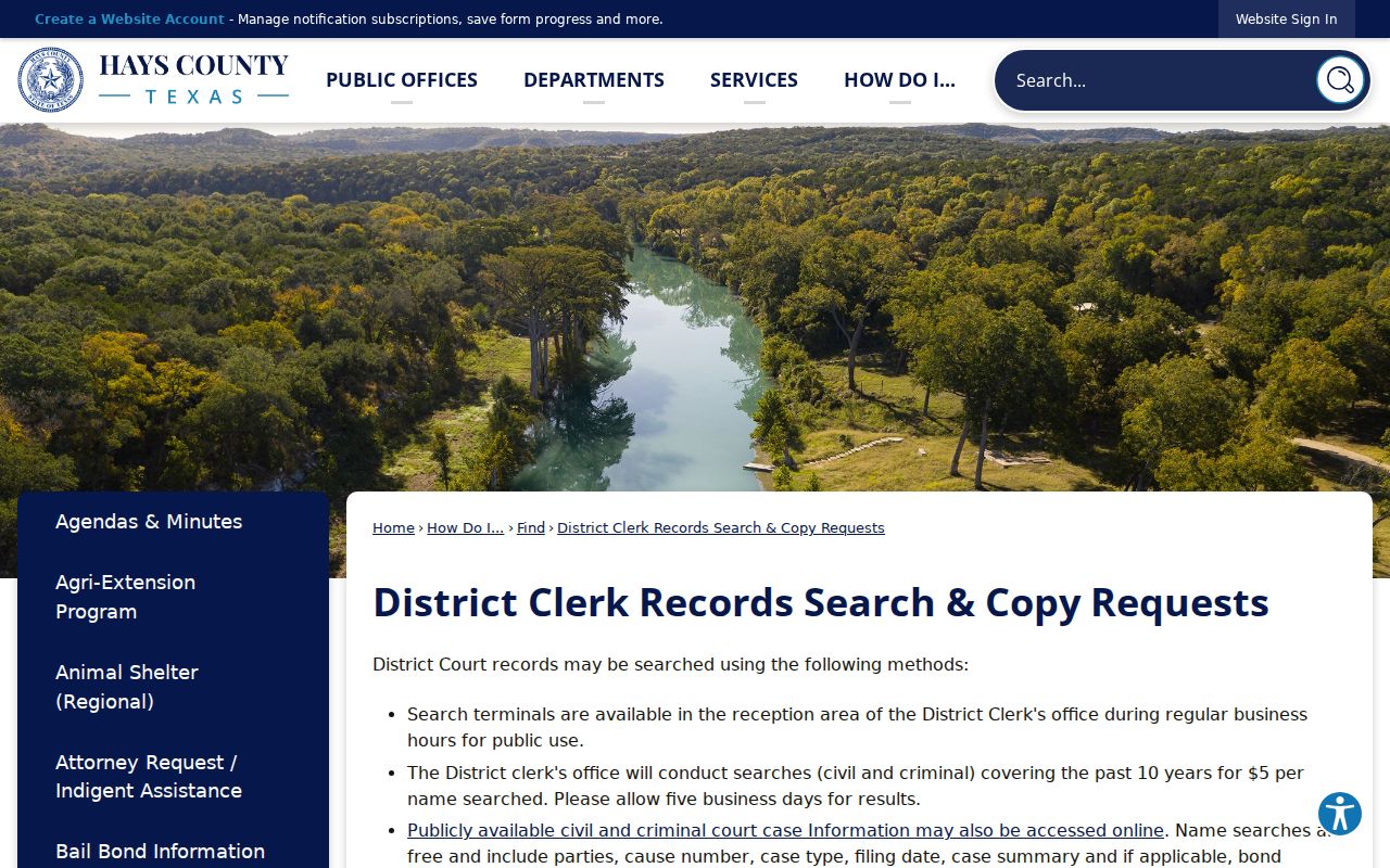 Hays County District Clerk search terminal and docket copy request instructions