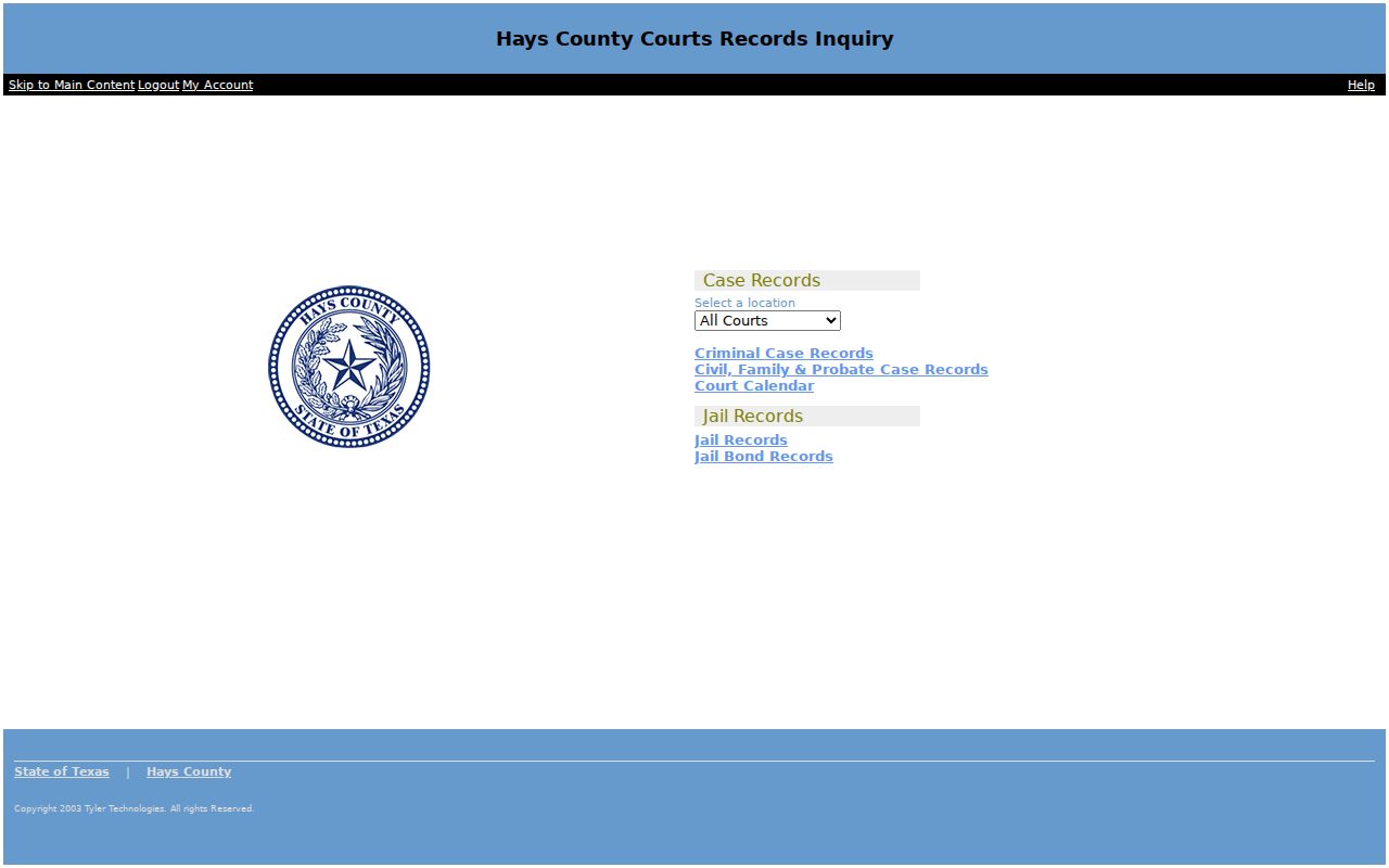 Hays County court docket portal record categories and location selector